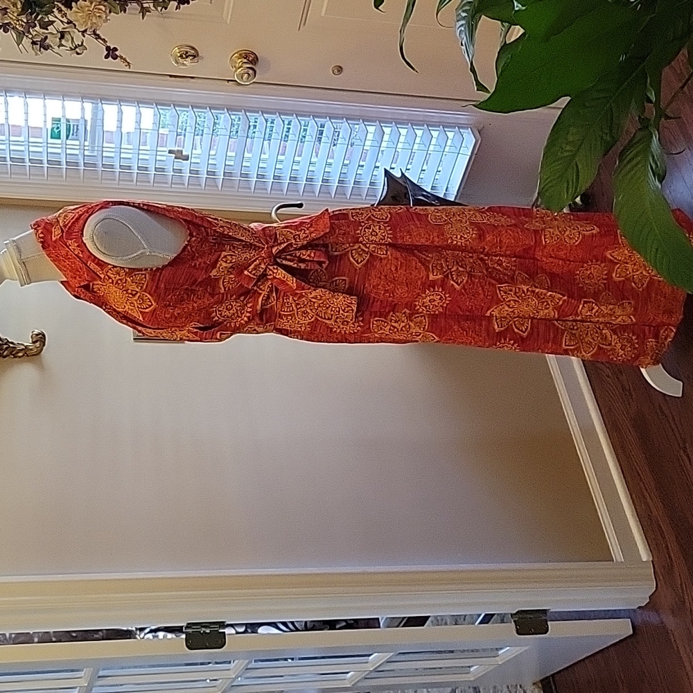Sag Harbor red yellow orange sleeveless wrap maxi dress tie waist Vneck…14 EUC - Picture 2 of 6